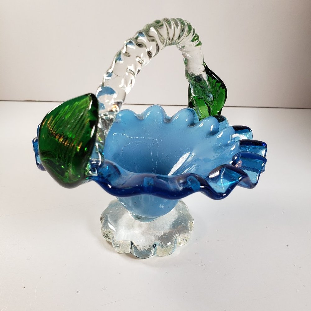 Blue Bohemian Art Glass Basket Handblown W/ Clear Handle Green Leaves Ruffled